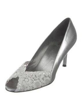 Stuart Weitzman Silver Lace Peep-Toe Heel